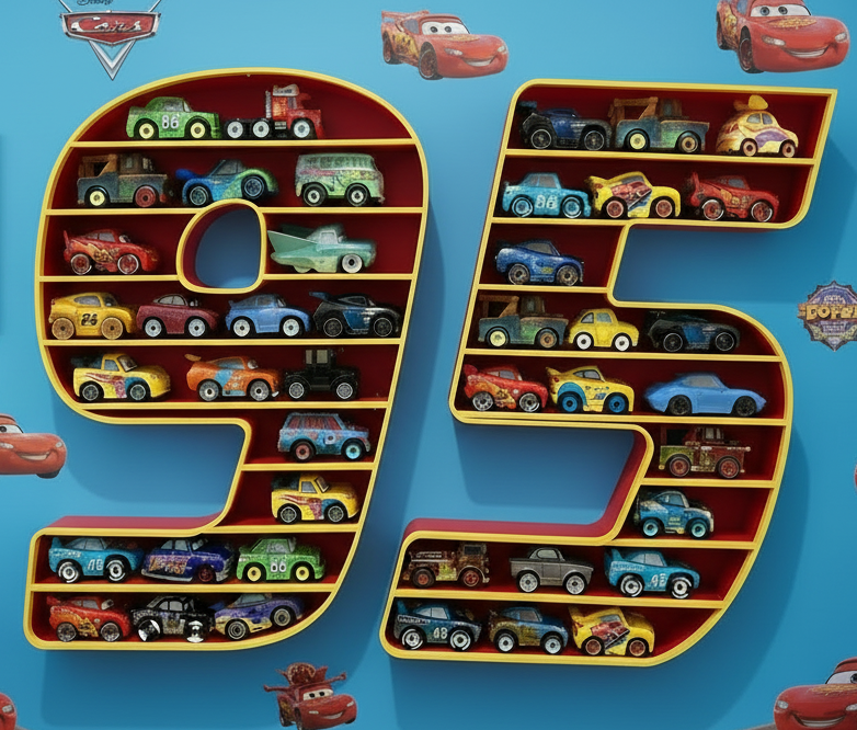 Lightning McQueen '95' Wall Shelf for Mini Cars | Kids Room Organizer